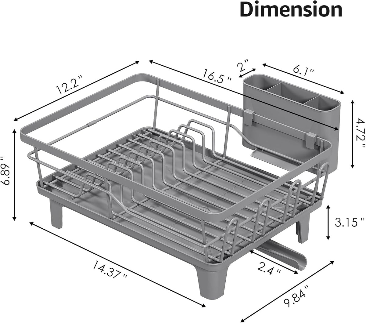 Dish Drying Rack for Kitchen Counter, Sink Dish Rack with Drainboard, Large Dish Drainer with Cups Holder, Home Countertop Plate Dryer Storage Rack with Cutlery Holder, Gray