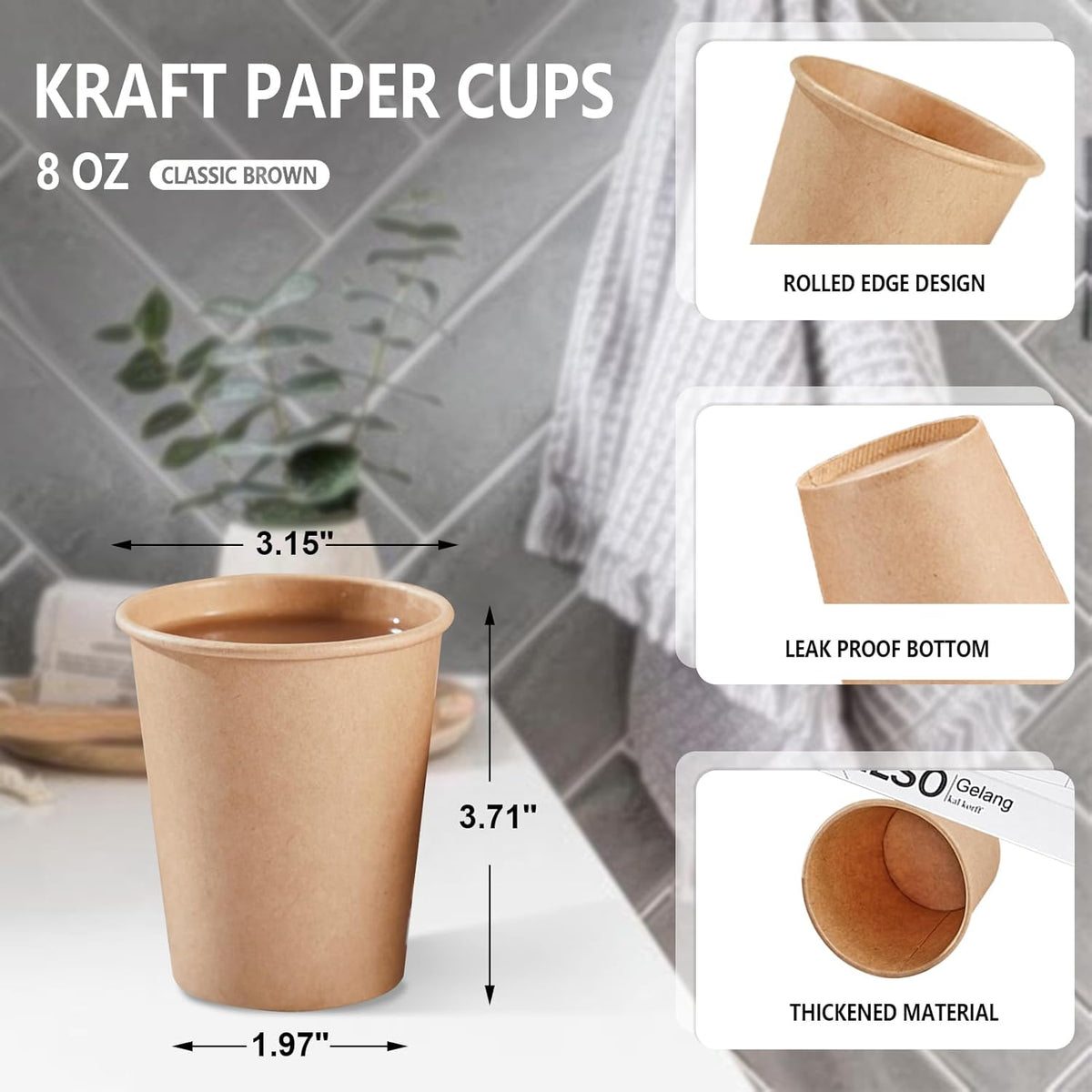400 Pack 8 oz Kraft Paper Cups, Unbleached Disposable Paper Coffee Cups, Thickened Hot/Cold Beverage Drinking Cup for Party, Home, Cafes, Bistros, Businesses (Brown)