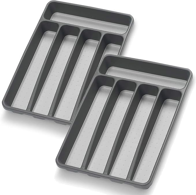 Silverware Organizer 2 Pieces Utenisl Organizer Holder Kitchen Drawer Organizer Plastic Silverware Tray for Drawer Flatware Organizer 5 Compartment Black