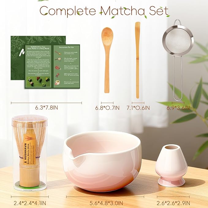 Matcha Whisk Set, Ceramic Matcha Set Includes Bowl & Holder, Bamboo Whisk (Chasen), Scoop, Spoon and Sifter, 6PCS Matcha Kit Covers Everything Needed for Making Matcha (Pink)