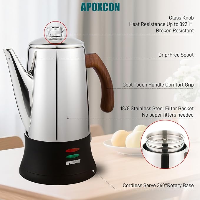APOXCON Electric Coffee Percolator Stainless Steel Coffee Pot with Two Tough Glass Clear Brew Progress Knob & Treated Solid Wood Handle & On/OFF Switch Auto Keep Warm Cordless Serve (8 Cup)