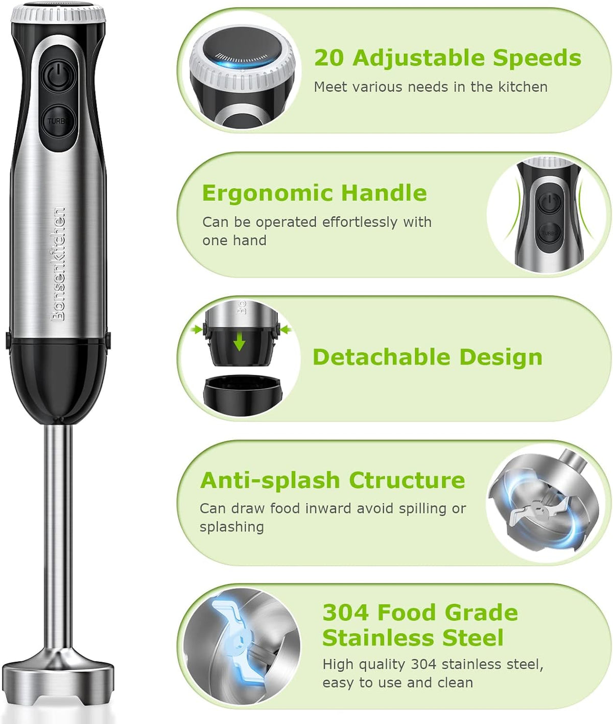 Bonsenkitchen Immersion Handheld Blender with Whisk, 20-Speed & Turbo Mode Hand Blender Stick 500W, 304 Stainless Steel Hand Blender for Soup, Smoothie, Puree, Baby Food