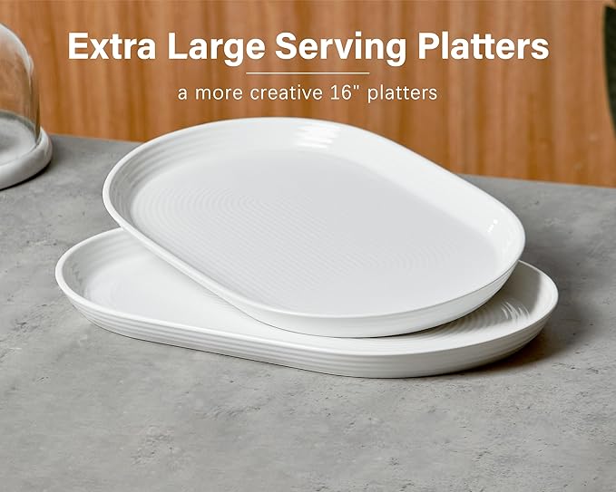 ONEMORE 16 Inch Ceramic Serving Plates for Entertaining, Set of 2 Large Oval Dinner Plates- Dishwasher Oven Safe Serving Tray for Food Meat Fish Parties- Porcelain Thanksgiving Turkey Platters - White