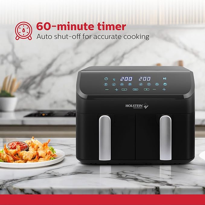 Holstein Housewares 9.5 QT Dual Basket Digital Air Fryer, Independent Controls - Non-Stick, Healthy Cooking with Less Oil, 8 Presets, Fry, Roast, Bake & Grill, LED Display & Dishwasher-Safe Parts