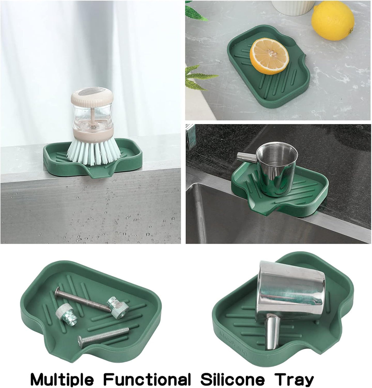 Silicone Bathroom Soap Dishes with Drain Spout-Bathroom and Kitchen Sink Organizer,Sponge Holder,Dish Soap Tray,Perfect for Dispenser,Scrubber,Bottle,Cup on Sink or Counter-Green 4.9"×3.2"