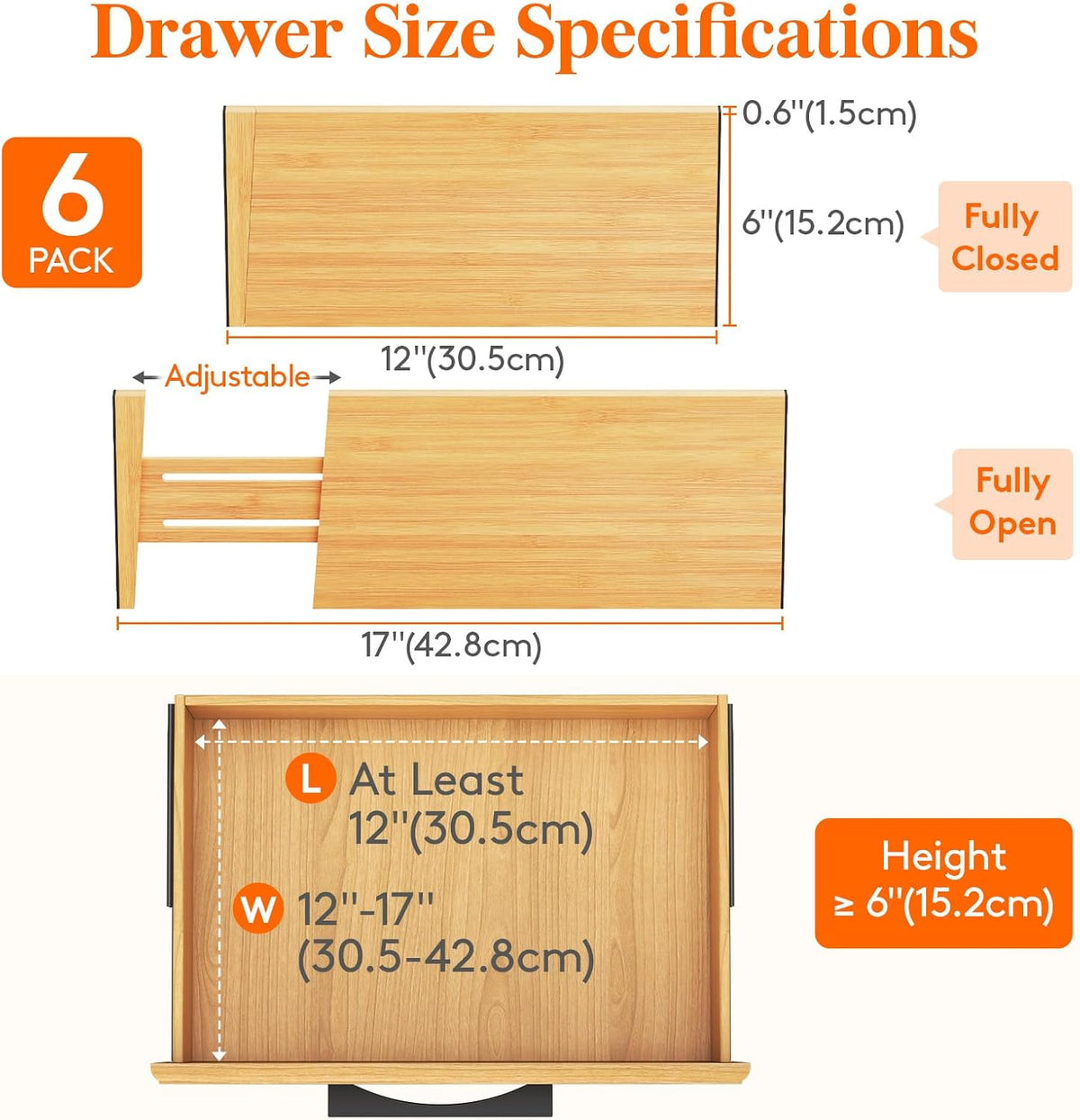 Lifewit 6 Pack 6" Deep Bamboo Drawer Dividers, 13-16.5" Expandable Drawer Organisers for Clothes, Adjustable Dresser Drawer Divider, Clothing Drawers Separators for Dresser, Bedroom, Bathroom, Office