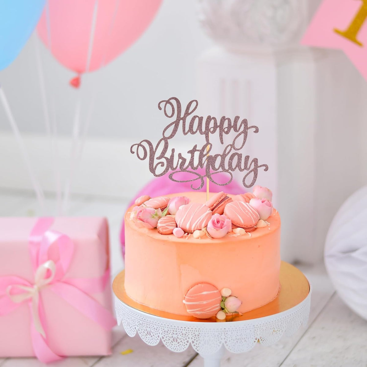 Happy Birthday Cake Toppers 9 Inch Glitter Happy Birthday Cake Pick for Birthday Anniversary Theme Party Cake Decorations Supplies - Brown
