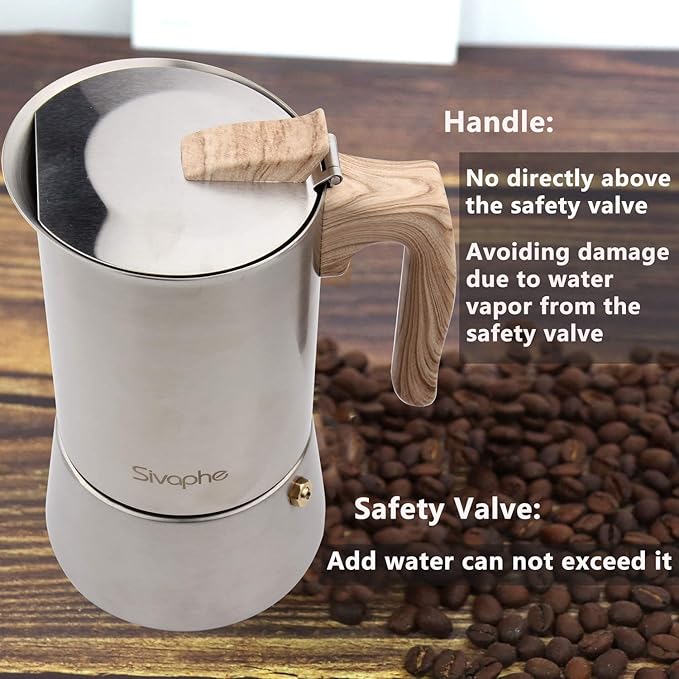 Sivaphe4 cups Stainless Steel Stovetop Espresso Coffee Maker | Induction Support 10 oz Intalian Moka Pot | Durable Cuban Coffee Maker 200ml(1 Cup=50ml)