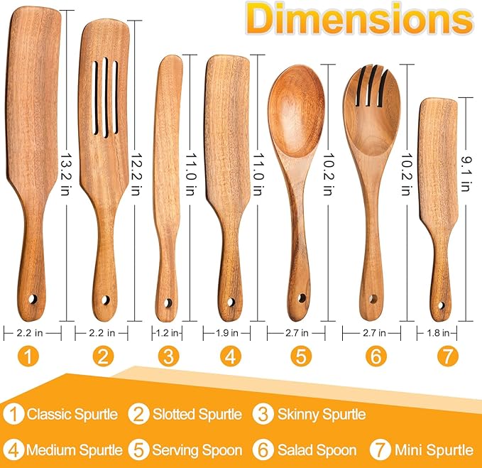 Spurtles Kitchen Tools Wooden, 7Pcs Wooden Spoons for Cooking, Natural Premium Spatula Set, Heat Resistant Cooking Utensil for Nonstick Cookware, Spurtle for Sourdough Starter