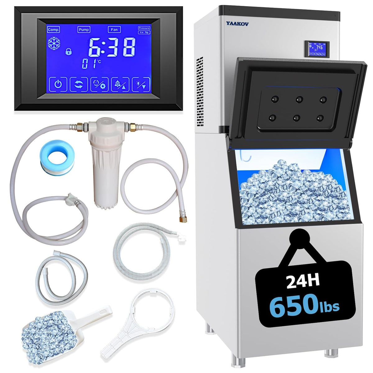 YAAKOV Commercial ice Machine Maker 650LBS/24H Commercial ice Maker Machine with 400LBS ice Maker Commercial Large Storage Bin,Ice Maker Machine Stainless Steel for Bar Cafe Restaurant Bussiness