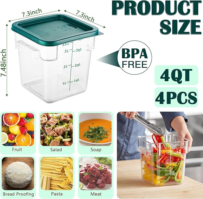 4 Pack 4QT Food Storage Containers with Green Lids, Clear Square Commercial Food Grade Storage Containers with Handles and Scales, BPA-Free Airtight Restaurant Container for Sourdough, Marinating Meat