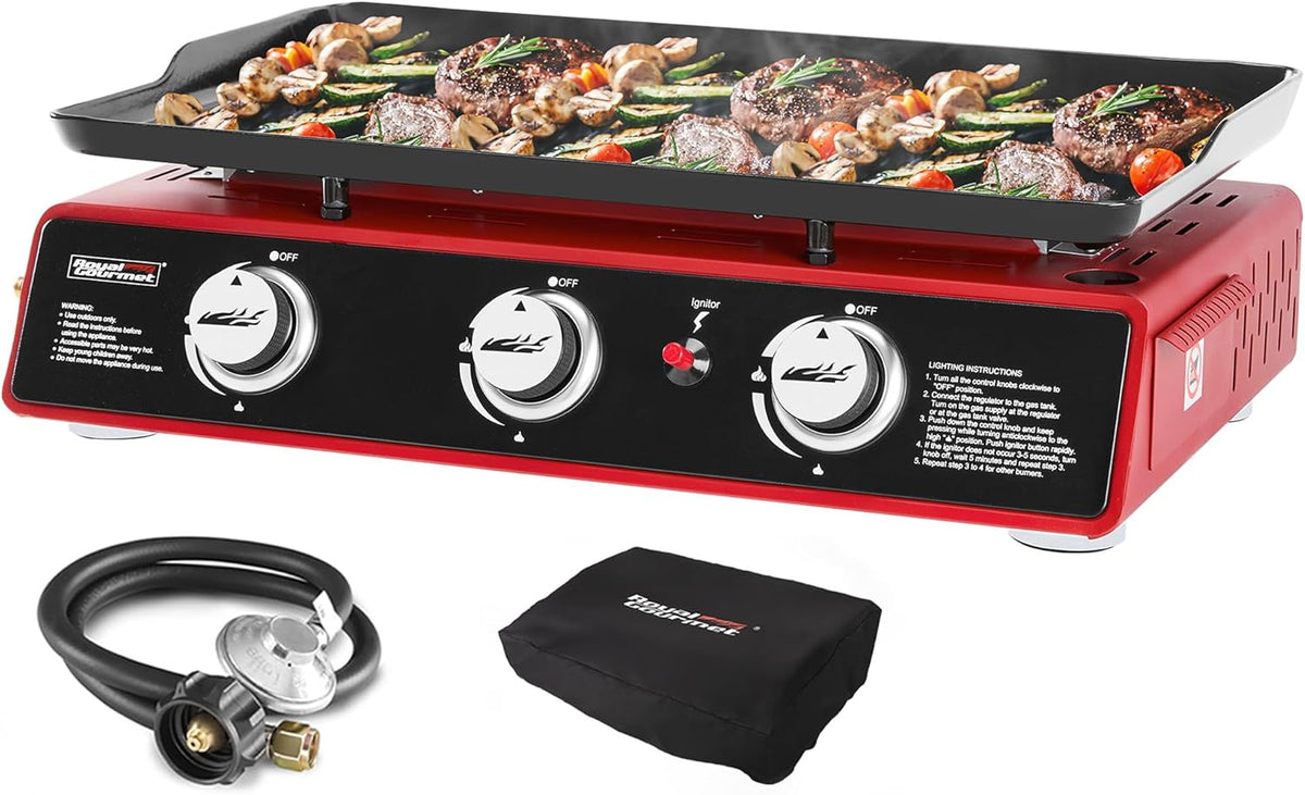 Royal Gourmet PD1301R 3 Burner Tabletop Propane Gas Griddle with Cover, 24 Inch Portable Griddle with 25,500 BTUs Output for Outdoor Cooking While Camping or Tailgating, Red