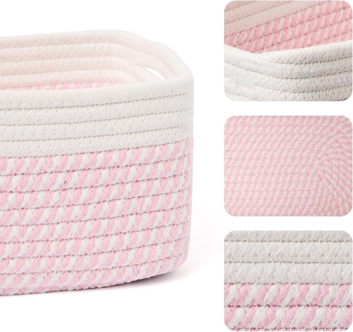 Small Storage Baskets for Organizing | Closet Organizer Bins | Shelf Toy Basket | Woven Rope Baskets | Cube Decorative Box | Shallow Basket | 13x8.5x5.1” | 3 Packs White Pink