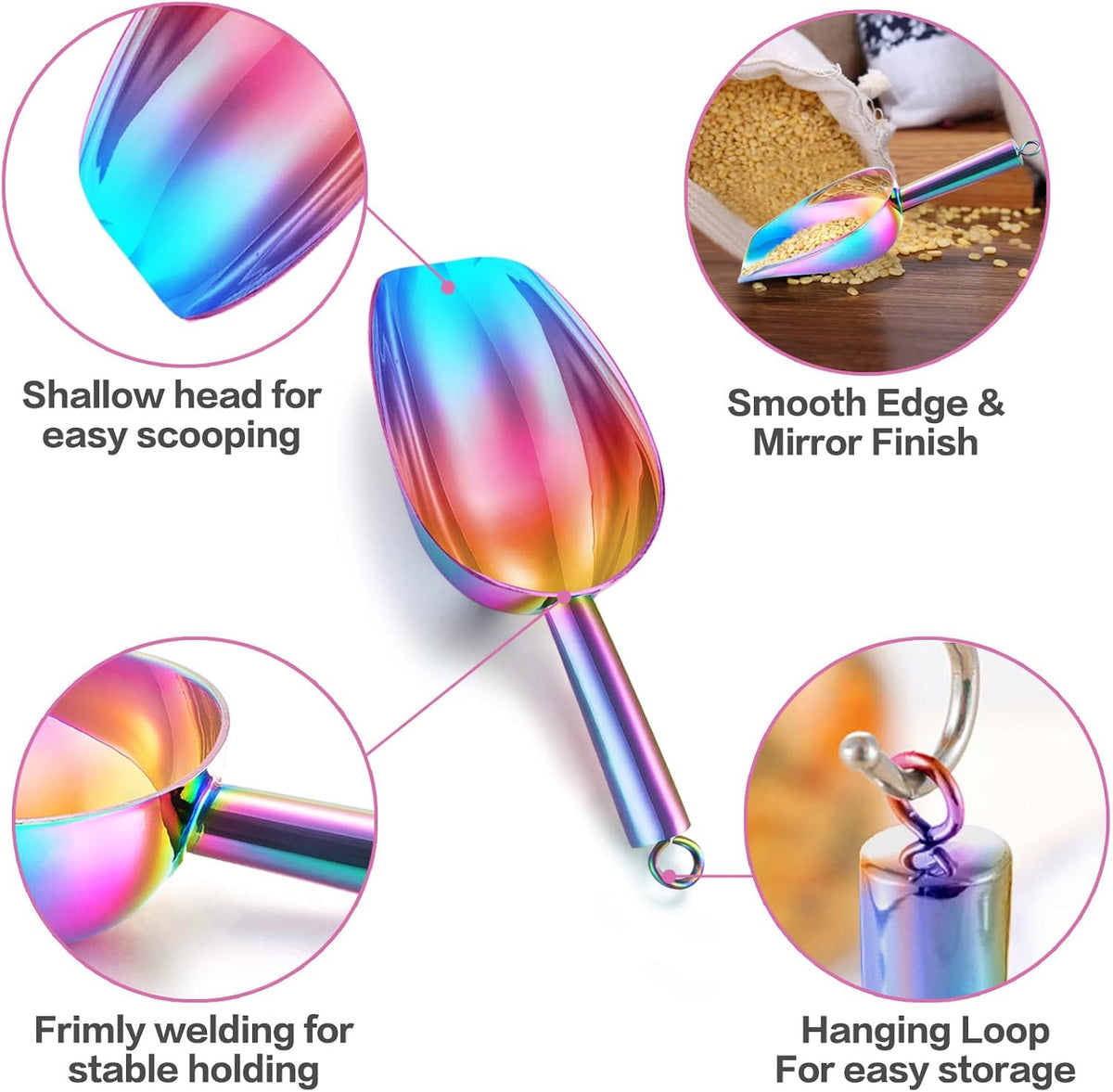 TeamFar Ice Scoop, 5oz Stainless Steel Canister Small Ice Candy Scoop for Kitchen Dispenser Buffet Jars, Healthy & Sturdy, Multi-use & Mirror Finish, Dishwasher Safe-2 PCS