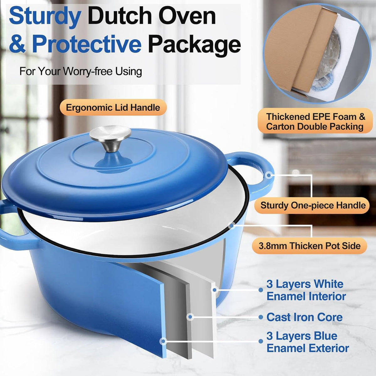 P&P CHEF 7QT Enameled Dutch Oven, Cast Iron Dutch Oven Pot with Lid for Bread Baking, Enameled Casserole Pot for Roasting Braising Stewing Frying Simmering, Various Stoves & Easy Clean, Blue