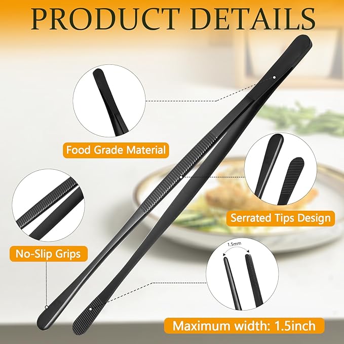 Litoexpe 2 PCS 10 Inches Fine Tweezer Tongs, Stainless Steel Cooking Tongs for BBQ Sea Food Repairing Serving, Black