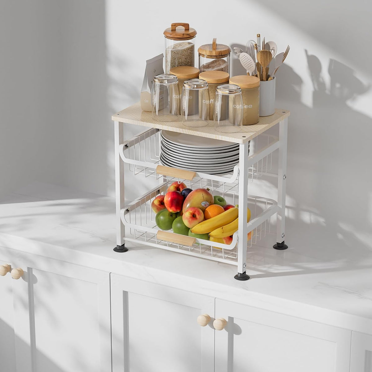 3-Layer Kitchen Fruit Storage Basket Snack Rack, countertop Storage Rack, Stackable Storage Rack with Desktop, Pull-Out Hollow Metal Storage Basket with Handle, Kitchen Organizers & Storage