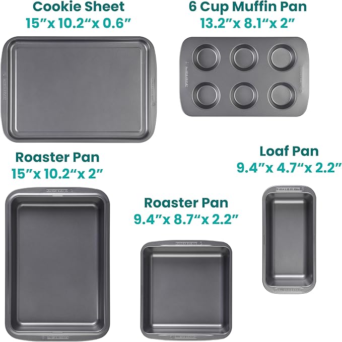 Baker's Secret Stackable Baking Set of 5 Bakeware Pans, Bakeware Set, Baking Pan Set Includes Muffin Pan, Roaster Pan, Square Pan, Cookie Sheet, Loaf Pan, Easy Store, Dishwasher Safe, Baking Supplies