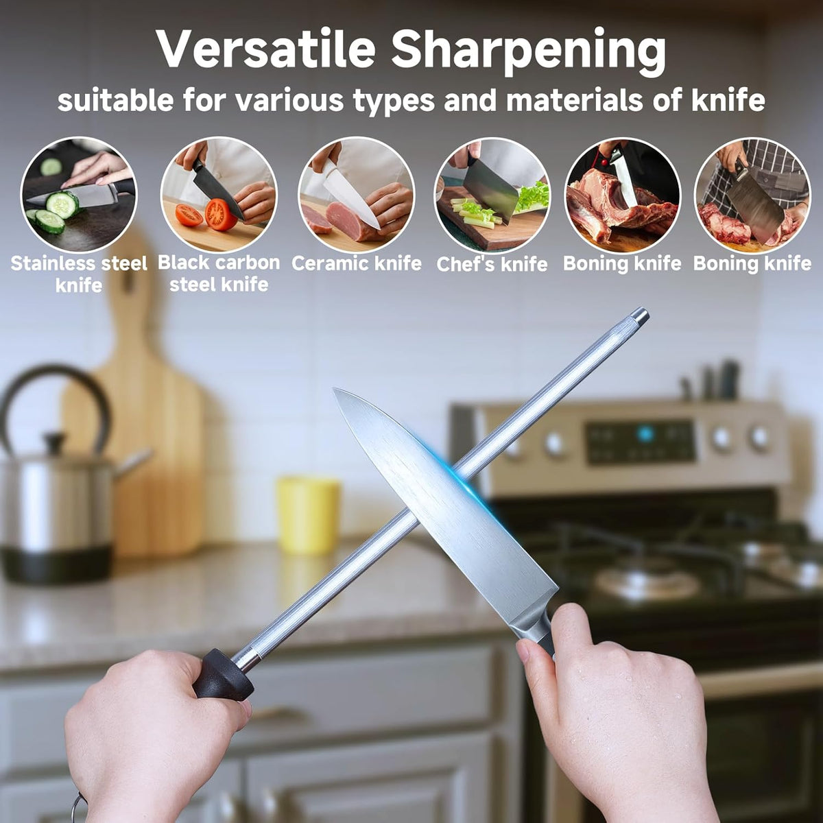 Kitchen Knife Sharpener Rod-12 Inches Professional Carbon Steel Knife Sharpening Honing Rod with Hanging Holes for Household, Chef, Hunting Sporting and Pocketknives, 17" Overall