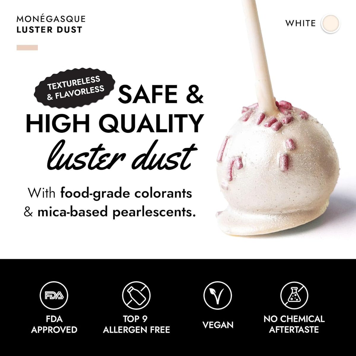 MONÉGASQUE White Edible Glitter for Drinks 15g – Edible Glitter for Cakes & Cocktails - Halloween Sprinkles White Luster Dust for Cocktail, Cake Decorating, Food Decorations Spray - Drink Shimmer