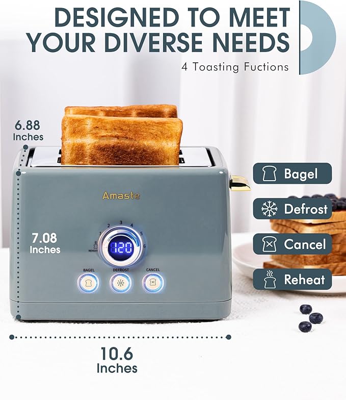 2 Slice Toaster, Retro Bread Toaster with LED Digital Countdown Timer, Extra Wide Slots Toasters with 6 Bread Shade Settings, Bagel, Defrost Function, High Lift Lever, Removal Crumb Tray, Ash Blue