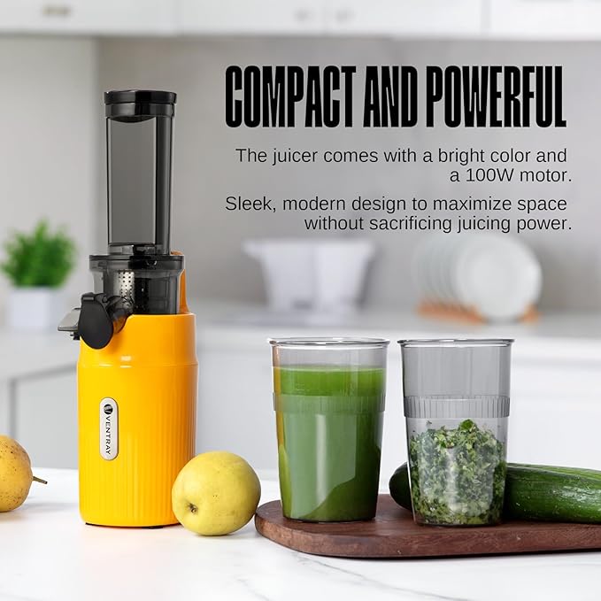 Ventray Ginnie Mini Cold Press Juicer, Small Slow Masticating Juicer for Vegetables and Fruits, High Juice Yield, Easy to Clean, Space-Saving, Fit for Personal/Travel/Picnic/Office - Yellow