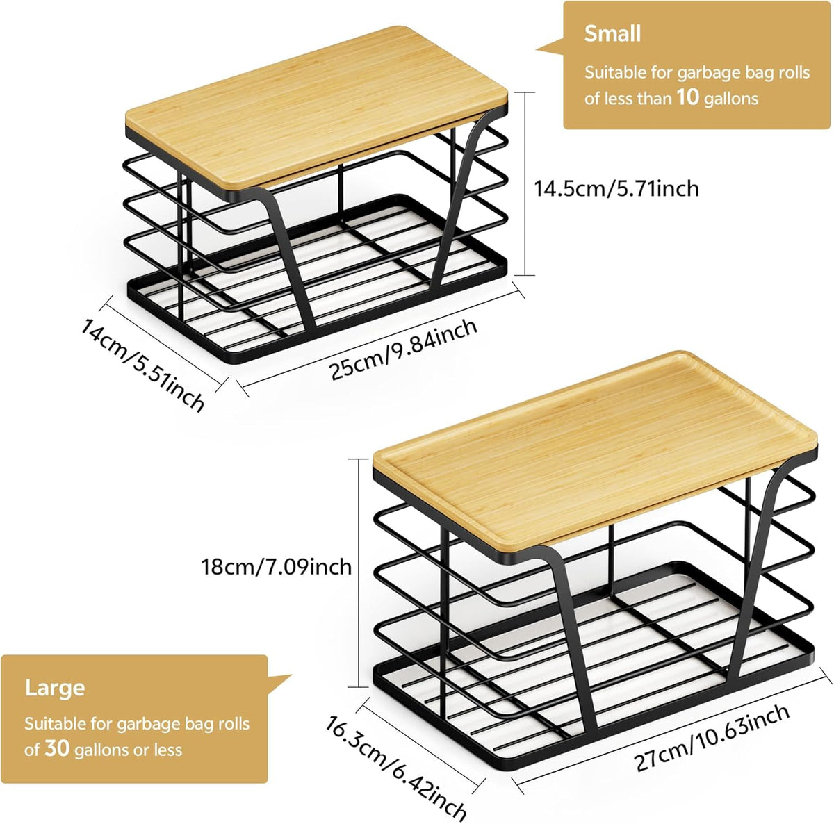2 Pack Stackable Storage Laundry Kitchen Organizers, Wall Mount Trash Bag Holder with Bamboo Top and Garbage Bag Dispenser No Drill
