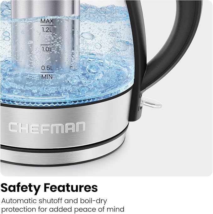 CHEFMAN Electric Kettle - 1.2L 1500W Hot Water Tea Pot with Infuser, BPA Free, Auto Shut Off, Boil-Dry Protection, Removable Lid, LED Light, Cordless Glass Electric Tea Kettle – Stainless Steel