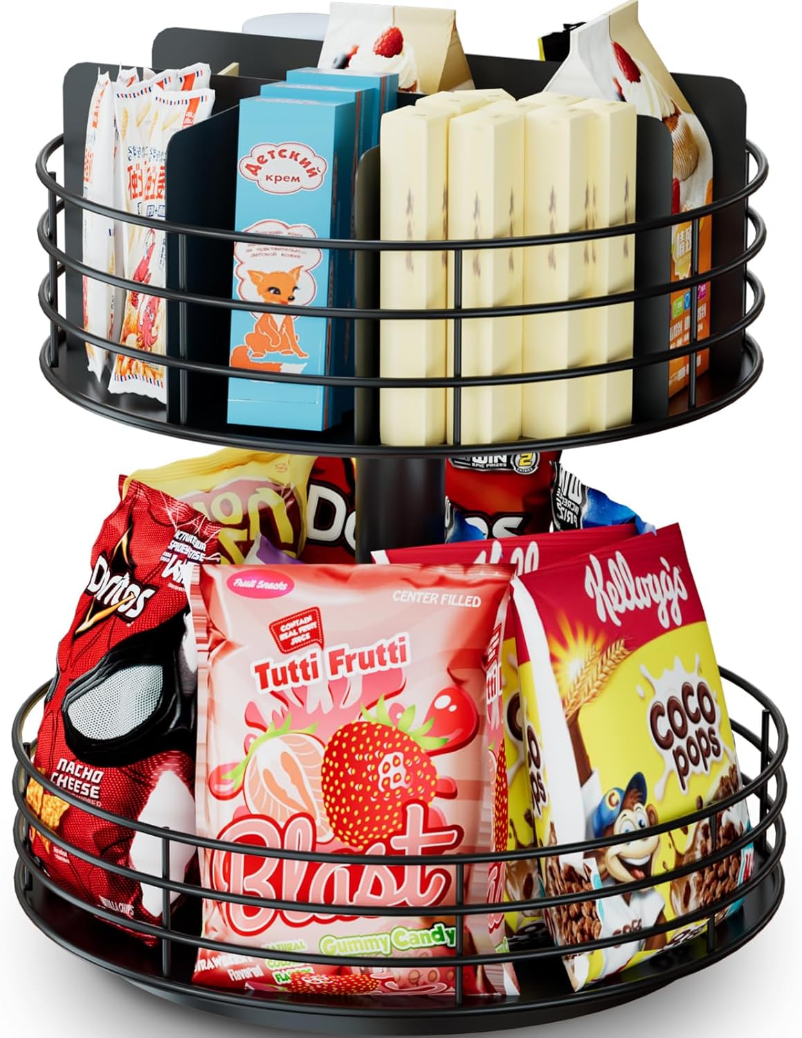 Snack Organizer - Versatile Snack Storage 2 Tier Lazy Susan with Convenient Grab-and-Go Design, Metal Snack Holder for Home, Office, Breakroom, 11.85" L x 11.85" W x 13.3" H (Matte Black)