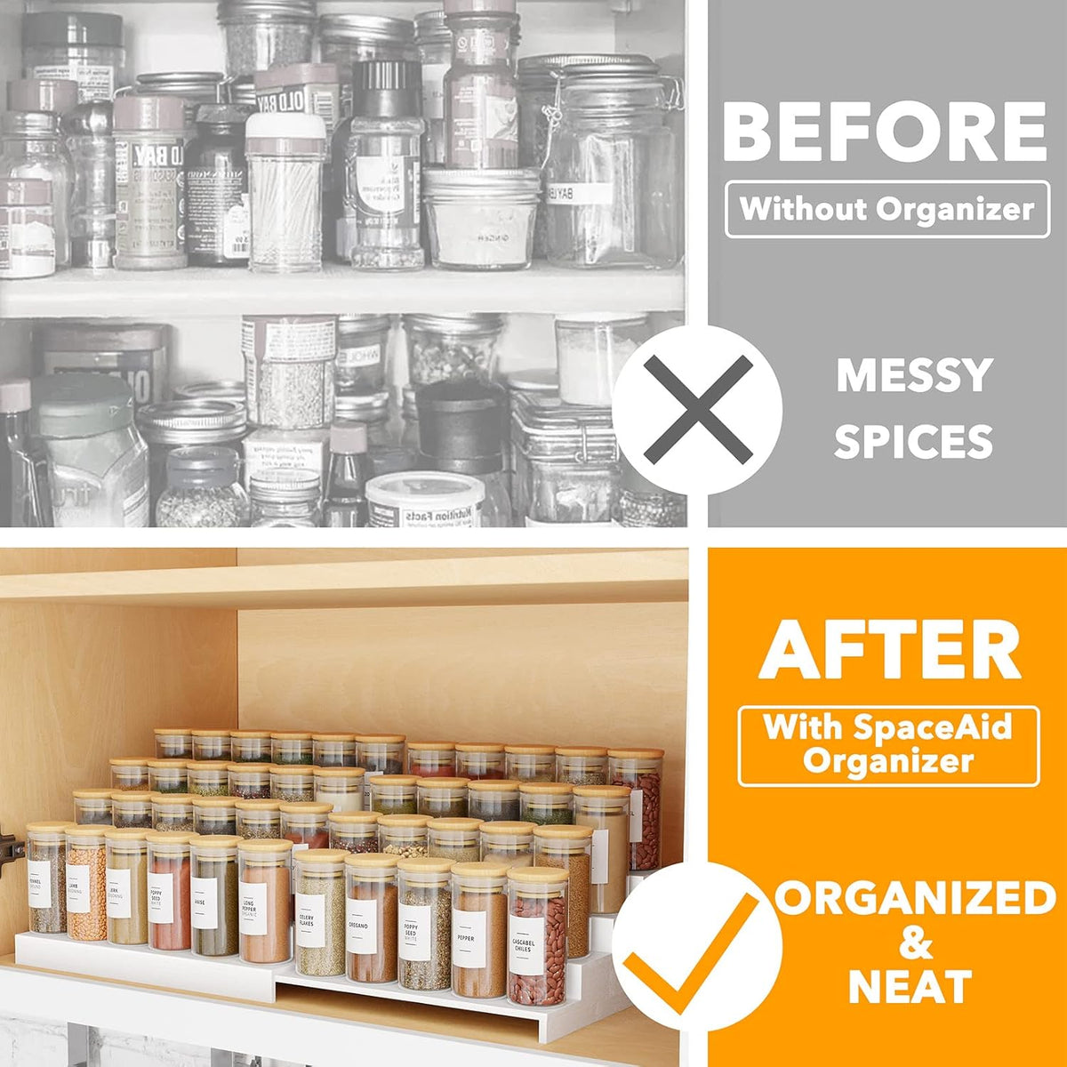 SpaceAid Bamboo Spice Rack Organizer for Cabinet, Kitchen Pantry Spices Storage Rack for Cabinets Organization, Home Seasoning Tiered Can Goods Racks Wood Shelf Organizers (4 Tier, Black)