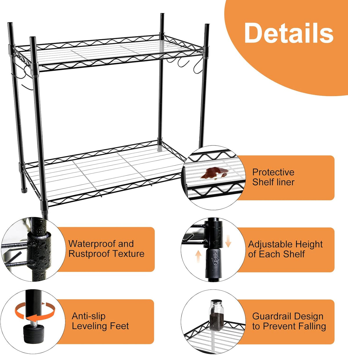 Spice Rack Organizer, Carbon Steel Seasoning Rack 2-Tier Spice Organizer for Cabinet, Adjustable Kitchen Countertop Organizer with Shelf Liner and Hooks for Kitchen Pantry Bathroom Office, Black