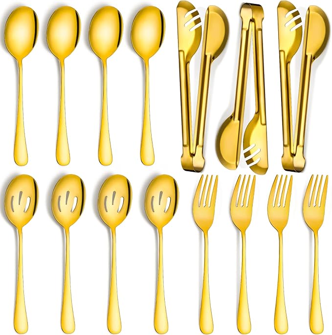 Patelai 15 Pieces Christmas Stainless Steel Gold Serving Utensils Set 8.7" Large Spoons and Slotted Spoon 9.45" Tong 9" Forks Flatware Wedding Party Buffet Banquet Cooking Kitchen Catering