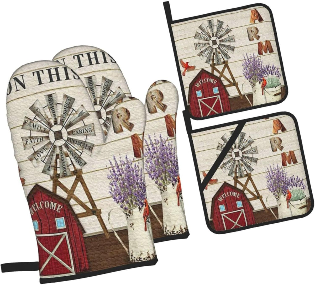 Oven Mitts and Pot Holders Sets of 4,Farmhouse Windmill and Barn House Lavender Cardinal Bird Country Style,Oven Mitts Heat Resistant Oven Gloves Set Potholders for Kitchen Baking Grilling
