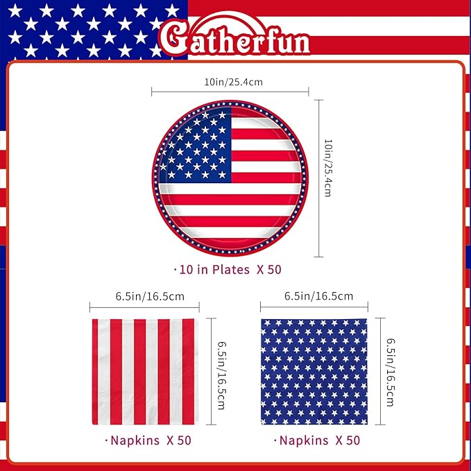 Gatherfun American Flag Patriotic Party Supplies Disposable Napkins and Paper Plates for Veterans Day Election Day 4th of July Independence Day Decorations, Serve 50