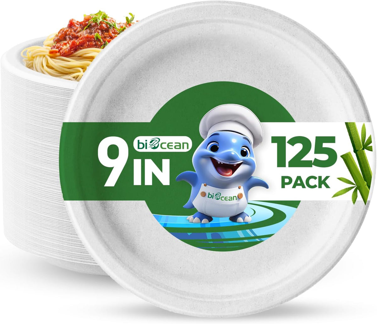 9 Inch Compostable Plates White [125 Pack] - Heavy Duty Compostable Paper Plate, Disposable Eco-Friendly Sugarcane Bagasse Plates for Dinner, Party, and Weddings (Round)