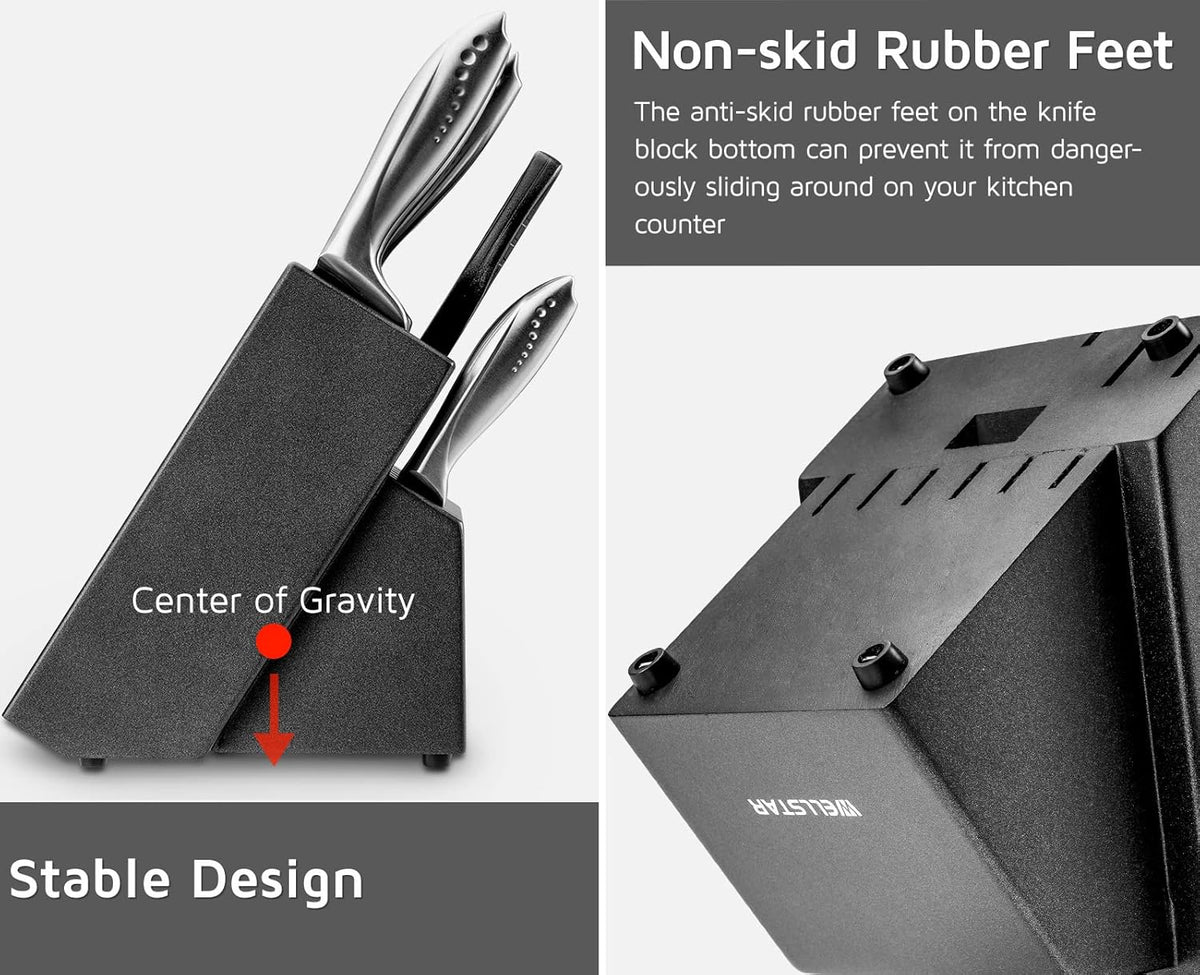 12 Slot Kitchen Knives Block, WELLSTAR Natural Wood Knife Holder without Knives – Hard Wood Countertop Knife Storage with Built-in Knife Sharpener - Black