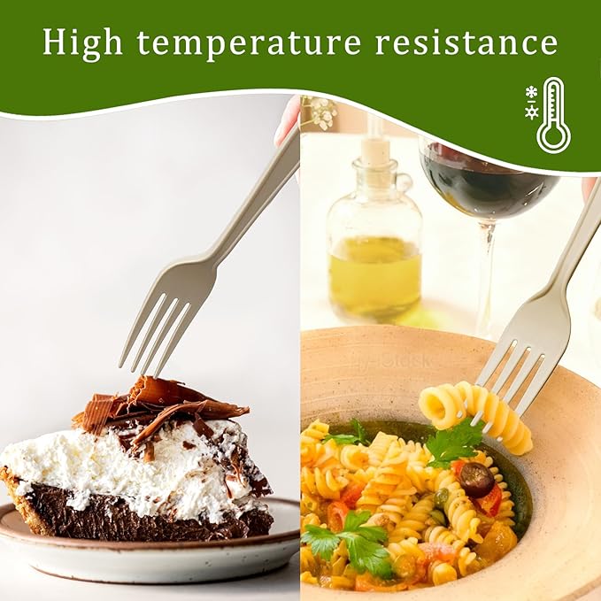 300 Count Compostable Forks, Light Brown Disposable Forks, Heavy Duty No Plastic Silverware, Compostable Utensils for Party, Eco Friendly & Heat Resistant