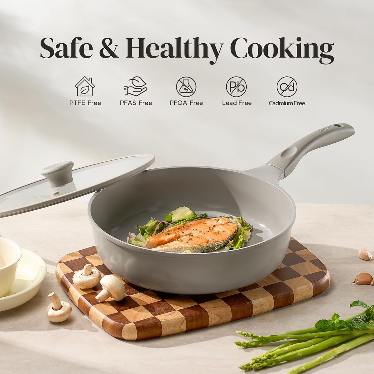 Redchef Ceramic Coated Nonstick Frying Pan with Cover, Large Deep Saute Pan Skillet, Induction Ready, Dishwasher Safe, PFOA PFOS Free, Non Toxic, Glass Lid Large Deep Frying Pan, Grey (5.5Qt, 12")