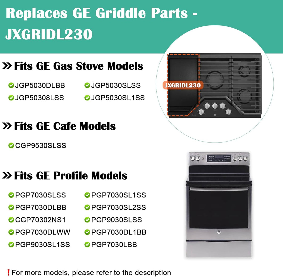 Cast Iron Griddle Replacement for GE Stove Top - Gas Griddle Plate for GE JGP5030SLSS, JGP5030DLBB, Cafe CGP9530SLSS, Profile PGP7030SLSS, PGP7030SL1SS, PGP9030SLSS 5 Burner Cooktop Pan