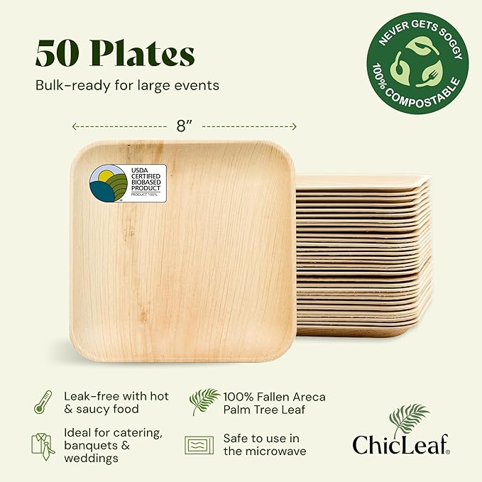 Chic Leaf Disposable Palm Leaf Plates - 50 Count, 8" Square, Natural - Bamboo Plates Disposable, Biodegradable & Compostable - Microwave Safe & Heavy Duty - Event & Party Supplies - Wedding Decor