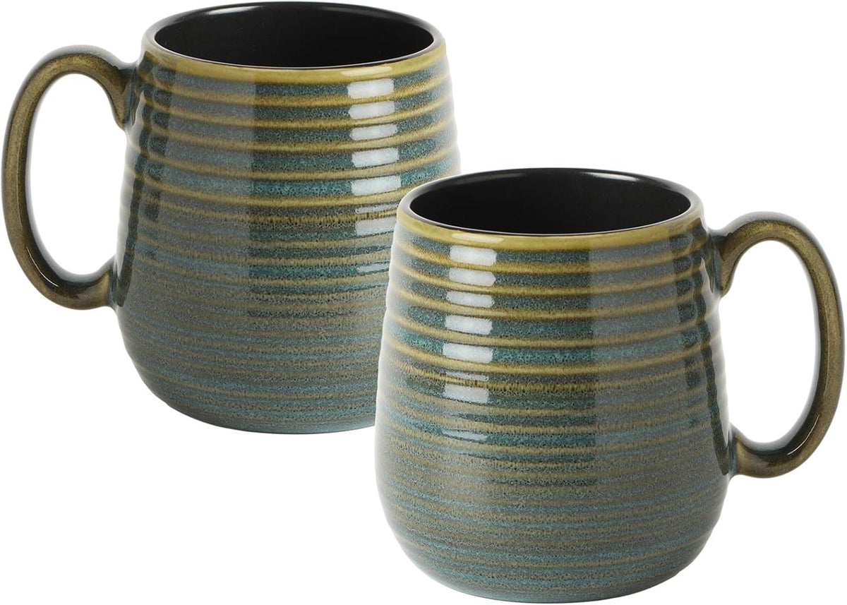 20 oz Large Ceramic Coffee Mugs set of 2, Coffee Mugs for Women and Men, Big Tea Cups, Large Handle Mugs for Office and Home, Microwave and Diahwasher Safe (Green with Stripes, 2PCS)