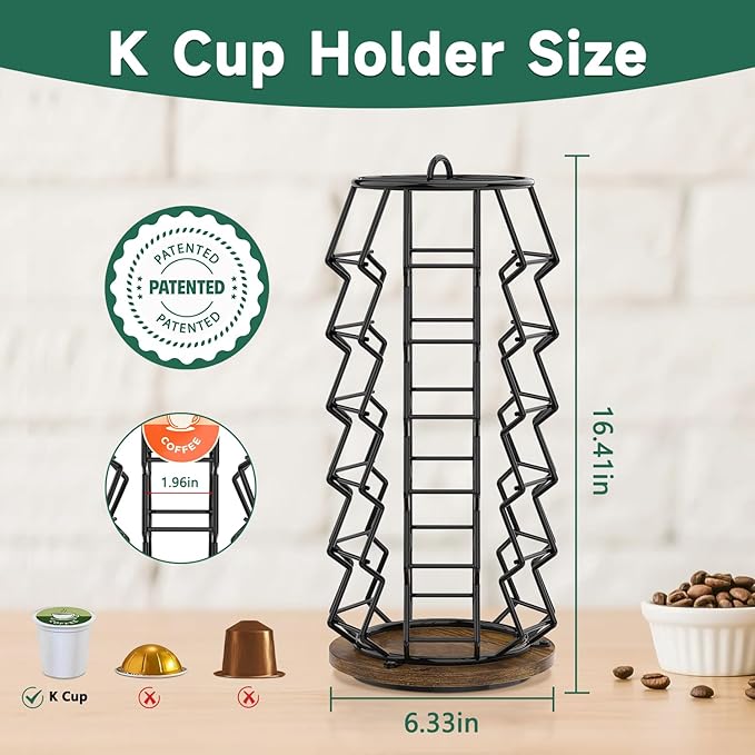 EsLuker.ly K Cup Coffee Pod Holder Organizer Carousel for Counter, Rotating Metal Rack Stand Small for 36 Pods Home Office Kitchen Storage, No Assembly Required, Black