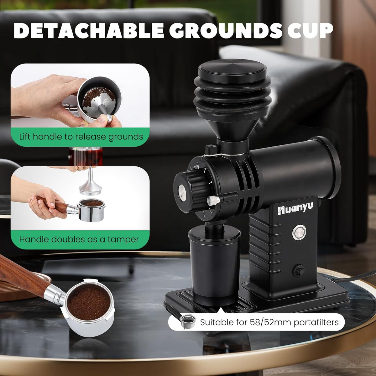 Huanyu Espresso Grinder with Titanium Flat Burr Electric Coffee Grinder with Hopper Bellows 10 Precise Grind Setting Coffee Grinders for Home Use Black