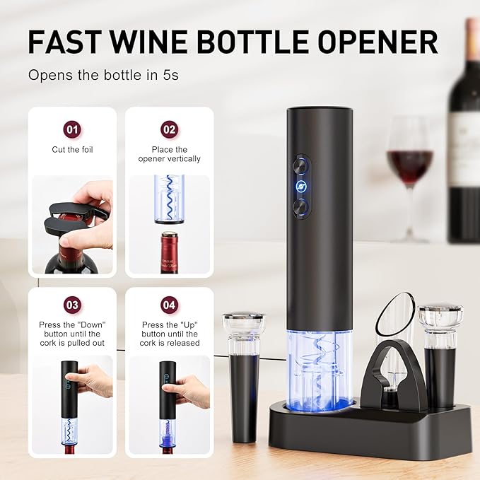 Electric Wine Opener, Rechargeable Cordless Wine Accessories, Stainless Steel Cordless Automatic Wine Bottle Corkscrew with Vacuum Stoppers, Foil Cutter for Home Party Wedding, Bars(Black)