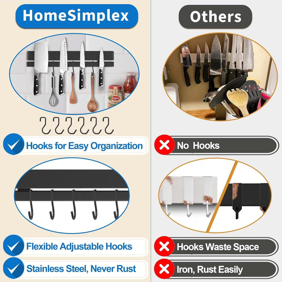 12 Inch Magnetic Knife Holder for Wall, Adhesive Knife Magnetic Strip No Drilling with 6 Hooks, Powerful Magnetic Knife Strip, Magnetic tool Holder for Kitchen Knives & Utensils (Black)