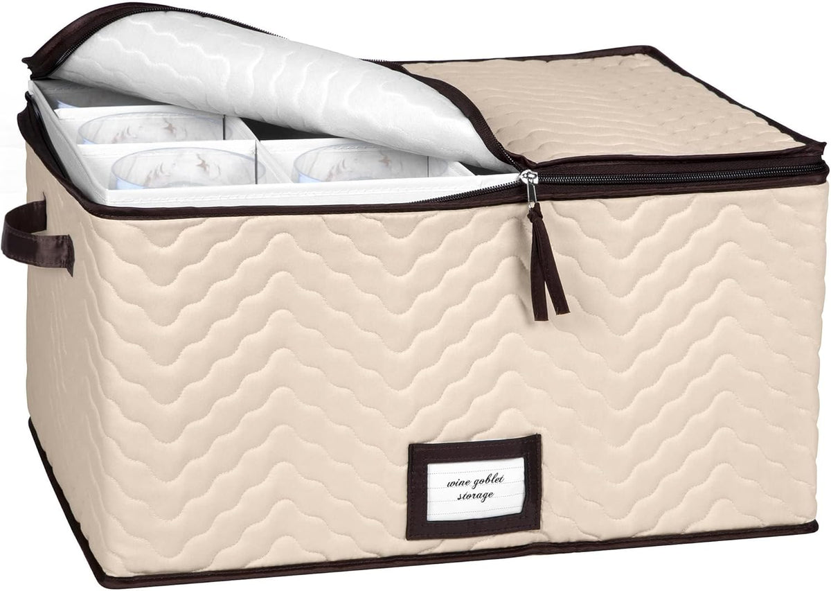 Wine Glass Storage Boxes with Dividers - Each Holds 12 Glasses up to 4.25" Wide - Quilted Microfiber Case with Handles - Protects Stemware & Fine China - Ideal for Red Wine