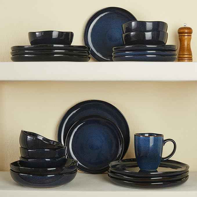 24 Piece Ceramic Dinnerware Sets for 8, Starry Blue Reactive Glaze | Unique Coastal Edge for Holiday Gatherings, Thanksgiving, Dinner Parties | Microwave & Dishwasher Safe Stoneware Dish Set