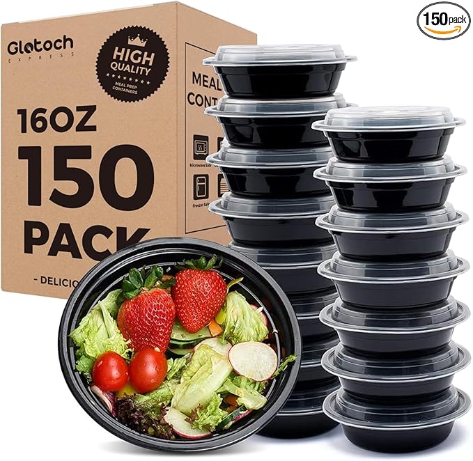 Glotoch Express 16oz Black Plastic Round Meal Prep Containers, 150 Pack Reusable Microwave Freezer Dishwasher Safe