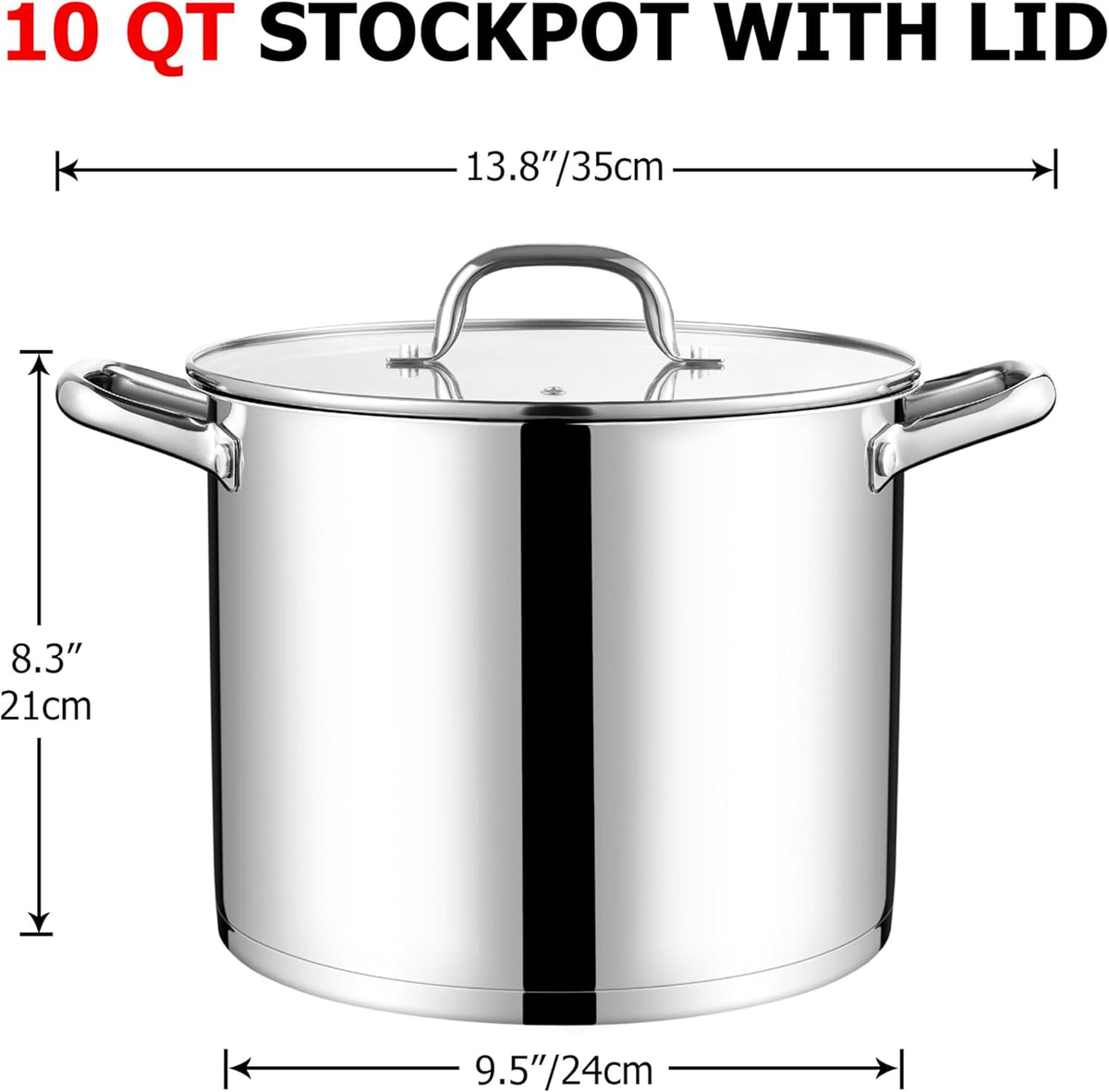 LIANYU 10 Quart Pot with Lid, 10 QT Tri-ply Stainless Steel Stockpot, Heavy Duty Deep Canning Soup Cooking Pot for Gas, Electric, Stoves, Induction, Riveted Handles, Dishwasher Safe