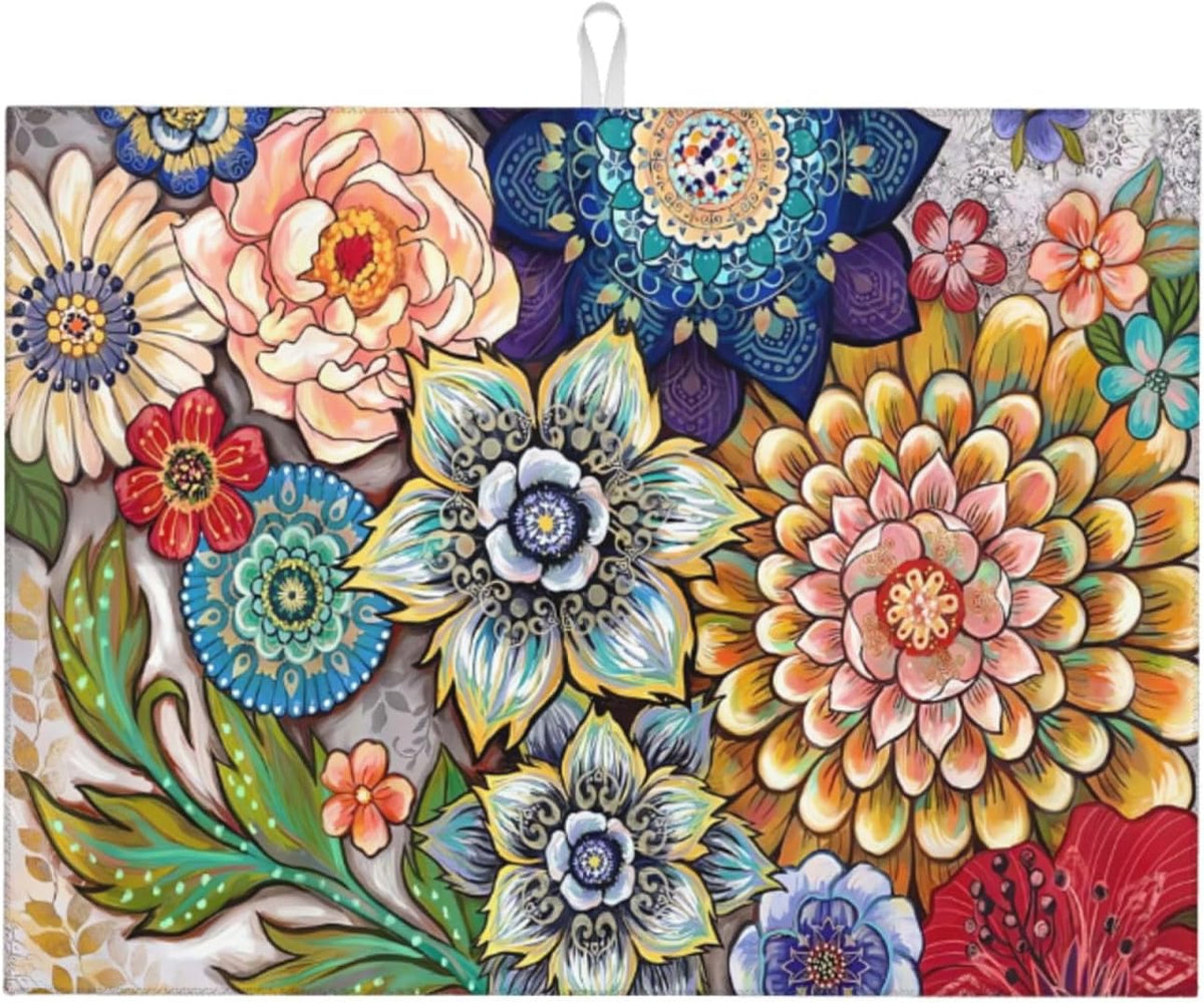 Floral Dish Drying Mat 18x24 for Kitchen Counter, Boho Coloful Flowers Decorative Absorbent Coffee Mat Dish Drying Pad Coffee Bar Dish Drainer Rack Mat Drainer Mat
